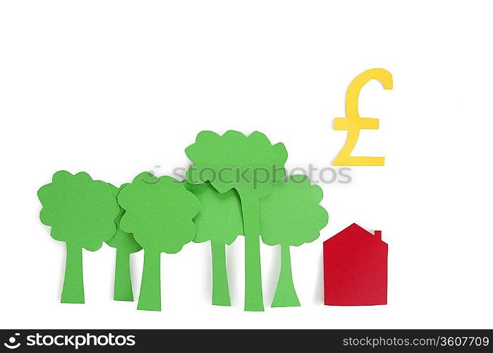 Conceptual shot of trees, residential house with a pound sign over white background