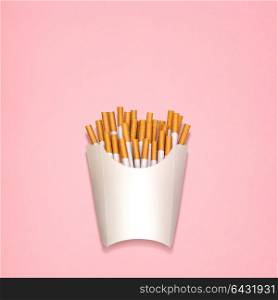 Conceptual still life of cigarettes, packed as fried potatoes in a paper box.