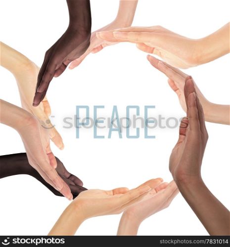 Conceptual symbol of multiracial human hands making a circle on white background with a copy space in the middle