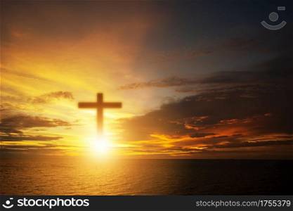Conceptual wood cross or religion symbol over a sunset sky with clouds background for God. belief or resurrection of god and worship christian. Eucharist Therapy Bless God Helping. Christian Religion