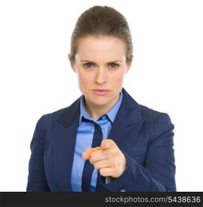 Concerned business woman pointing in camera