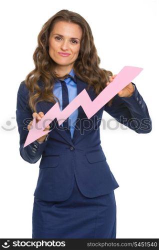Concerned business woman showing graph arrow going down