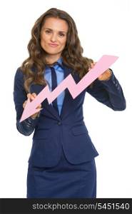 Concerned business woman showing graph arrow going down