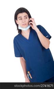 concerned female doctor in uniform talking on the phone (isolated on white background)