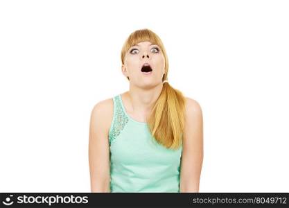 Concerned scared shocked woman. Concerned scared shocked woman. Emotional facial expression wide eyed girl surprised open mouth isolated on white