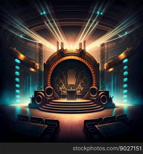 Concert stage with power sound system and lights. Generative Ai. High quality illustration. Concert stage with power sound system and lights. Generative Ai