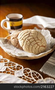 Conchas. Mexican sweet bread roll with seashell-like appearance, Usually eaten with coffee or hot chocolate at breakfast or as an afternoon snack.