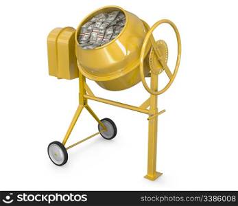 Concrete mixer full of dollars isolated on white background