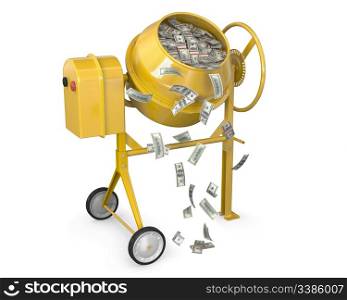Concrete mixer full of dollars with falling banknotes isolated on white background