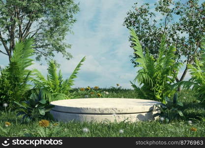 Concrete podium in tropical forest for product presentation and cloudy background.3d illustration