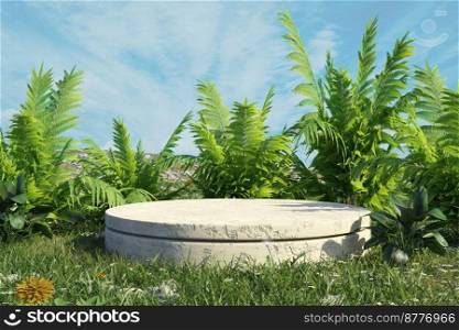 Concrete podium in tropical forest for product presentation and cloudy background.3d illustration