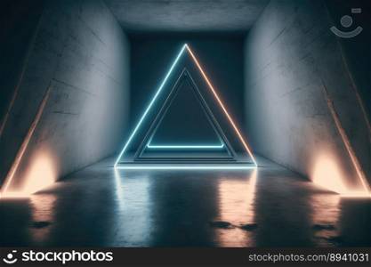 Concrete room with triangle portal illuminated by blue and orange neon light. Peculiar AI generative image.. Concrete room with triangle portal illuminated by blue and orange neon light
