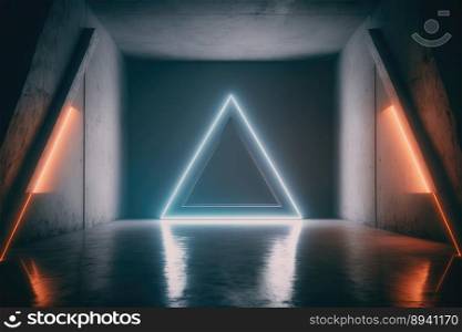 Concrete room with triangle portal illuminated by blue and orange neon light. Peculiar AI generative image.. Concrete room with triangle portal illuminated by blue and orange neon light