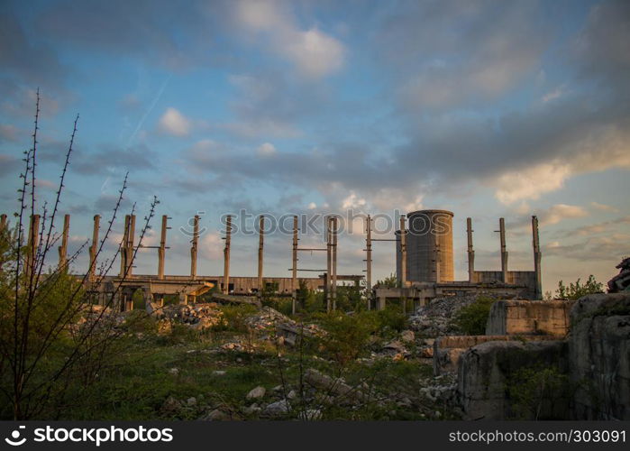 Concrete ruins and blue sky scene