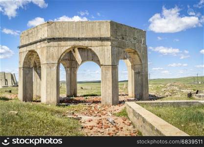 concrete ruins of one of five reduction plants and pump stations manufacturing potash during World War I near Antioch, Nebraska