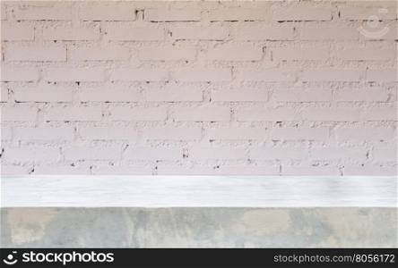 Concrete table top with brick wall decorated in coffee shop