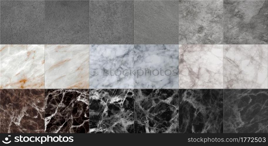 Concrete tiles. Realistic stone floor and wall cement pattern. Marble flooring. Dark and light granite structure. Square natural solid covers samples set. Vector decorative luxury interior surface. Concrete tiles. Realistic stone floor and wall cement pattern. Marble flooring. Dark and light granite structure. Square natural covers samples set. Vector decorative interior surface