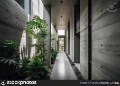 concrete wall lined with greenery and natural light for a sleek, modern look, created with generative ai. concrete wall lined with greenery and natural light for a sleek, modern look