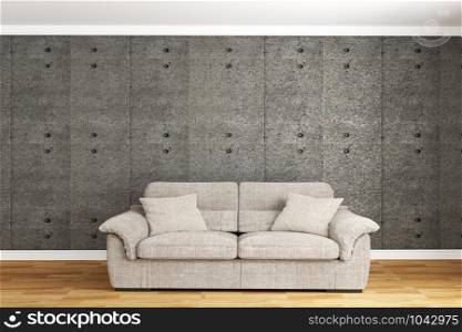 Concrete wall with sofa & sideboard on wood floor interior. 3D rendering