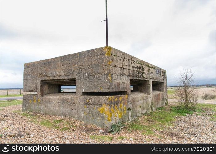 Concrete WWII Vickers Machine Gun Post. Rye Harbour, Kent, England, United Kingdom.