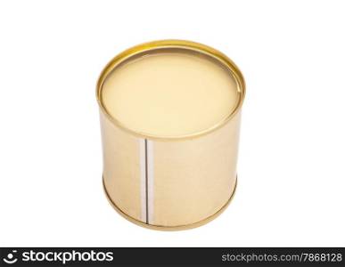 Condensed milk in tin can over white background