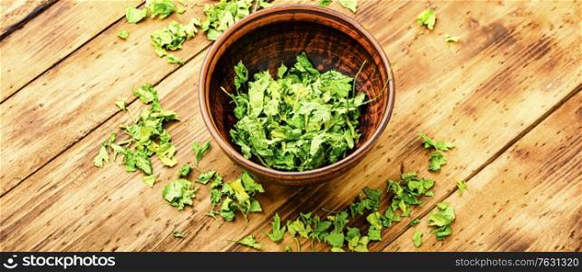 Condiment or spice made from dried green parsley.. Dried parsley seasoning