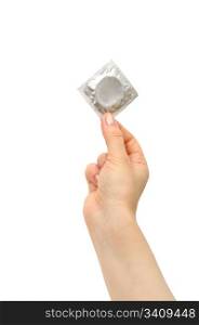 condom in female hand isolated on a white background