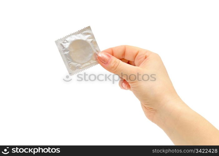 condom in female hand isolated on a white background