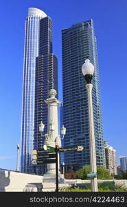 Condos in city of Chicago with blue sky in background