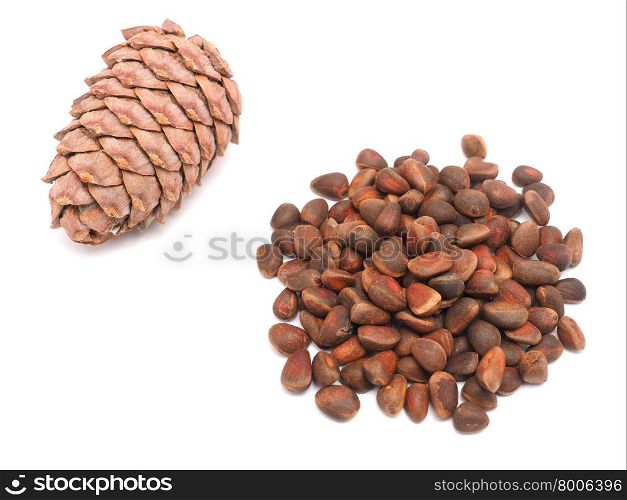 cone with pine nuts on a white background