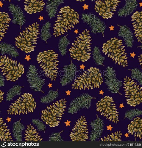 Cones, branches and stars on a night background. Watercolor seamless christmas pattern. For the design of notebooks, home decor, clothes.