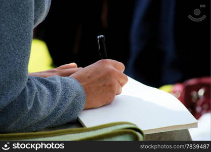 conference meeting, hands, pen, notebooks and writing&#xD;&#xD;