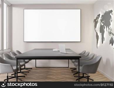 Conference room with blank, empty TV screen. Monitor mock up. Business meeting room with LCD screen for presentation, advertising. Modern, contemporary office. Copy space, template. 3d rendering. Conference room with blank, empty TV screen. Monitor mock up. Business meeting room with LCD screen for presentation, advertising. Modern, contemporary office. Free, copy space, template. 3d rendering
