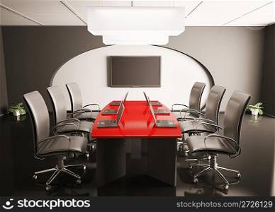 conference room with lcd and laptops on red table 3d render