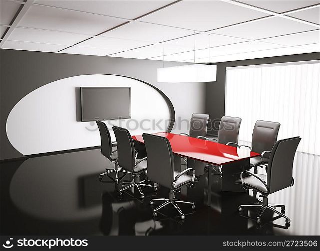 conference room with lcd and red table 3d render