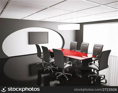 conference room with lcd and red table 3d render