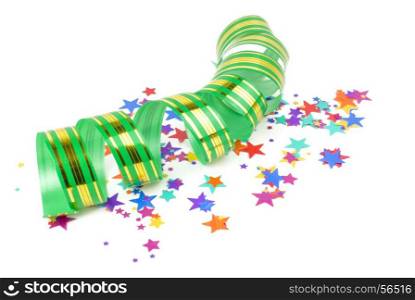 confetti and ribbon on white background