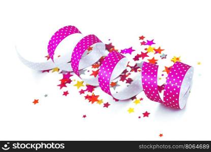 confetti and ribbon on white background
