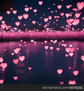 Confetti falling from pink hearts. Shiny hearts bokeh light Valentine’s day background