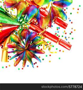confetti, garlands, streamer. carnival decorations over white background