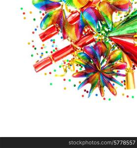 confetti, garlands, streamer. festive decorations background. carnival items