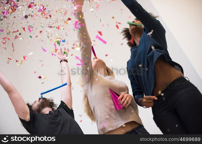 confetti party happy young people group celebrating new year eve while dancing and have fun at home