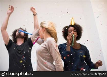 confetti party happy young people group celebrating new year eve while dancing and have fun at home