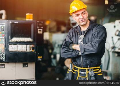 Confidence Smart engineer worker, portrait handsome with safety suit with factory heavy industry machine.