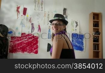 Confident and successful self-employed young people, portrait of happy caucasian woman at work as fashion designer and tailor in studio