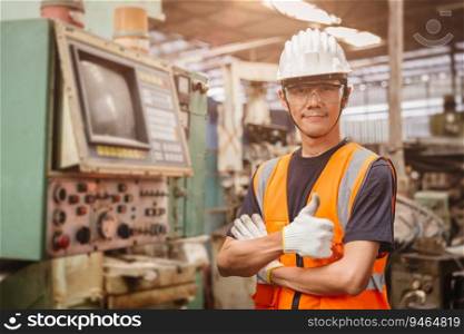 Confident Asian engineer worker man standing arm crossed happy smile for enjoy working in factory