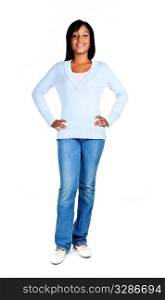 Confident black woman standing isolated on white background