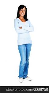 Confident black woman with arms crossed standing isolated on white background