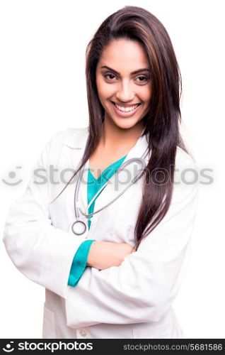 Confident brunette doctor showing stethoscope over white