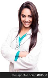 Confident brunette doctor showing stethoscope over white